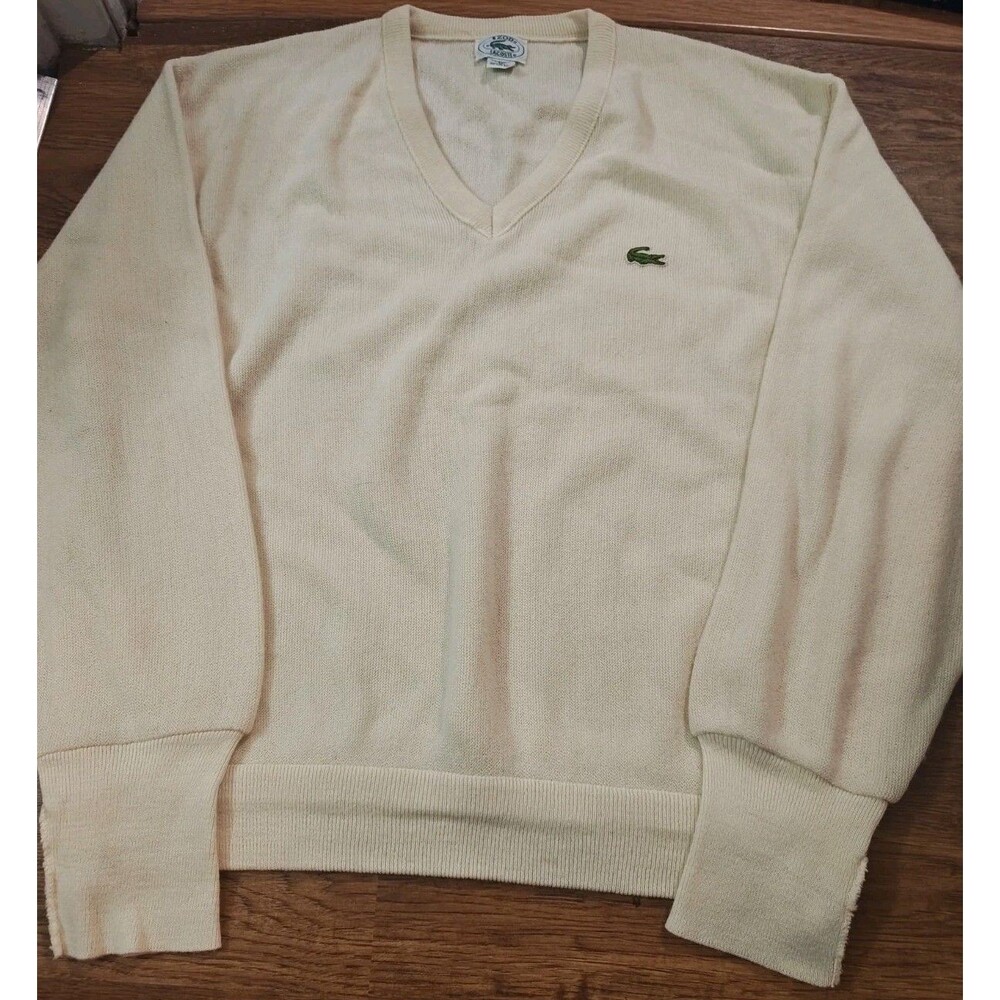 VTG 80s Izod Lacoste V-Neck Sweater Mens XL Cream Logo Pullover Knit Acrylic